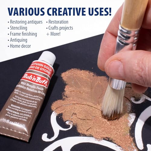 Rub n Buff Metallic Wax with Cotton Glove and 8" x 8" Cloth - Gilding Wax for a Smooth Adjustable Gloss Finish - Single 0.5oz/15ml Tube (Antique Gold)