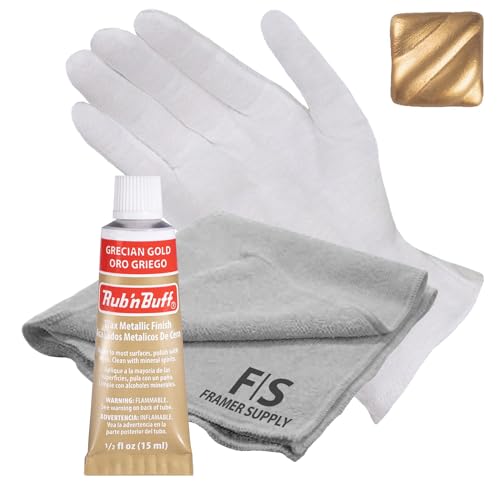 Rub n Buff Metallic Wax with Cotton Glove and 8" x 8" Cloth - Gilding Wax for a Smooth Adjustable Gloss Finish - Single 0.5oz/15ml Tube (Grecian Gold)