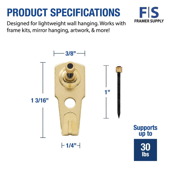 Framer Supply Brass Plated Picture Hangers, 30LB Capacity, Bulk Pack