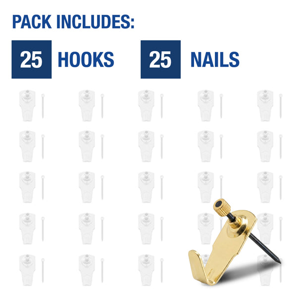 Brass Plate Hangers, 25 Pack Includes 25 Hooks and 25 Nails - Framer Supply