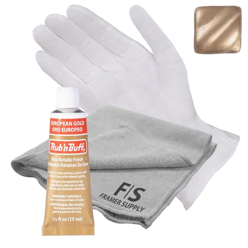Rub n Buff Metallic Wax with Cotton Glove and 8" x 8" Cloth - Gilding Wax for a Smooth Adjustable Gloss Finish - Single 0.5oz/15ml Tube (European Gold)